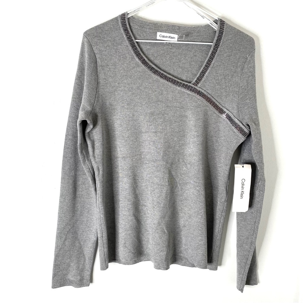 Calvin Klein Grey Silver Sequin Wrap Knit Sweater NWT